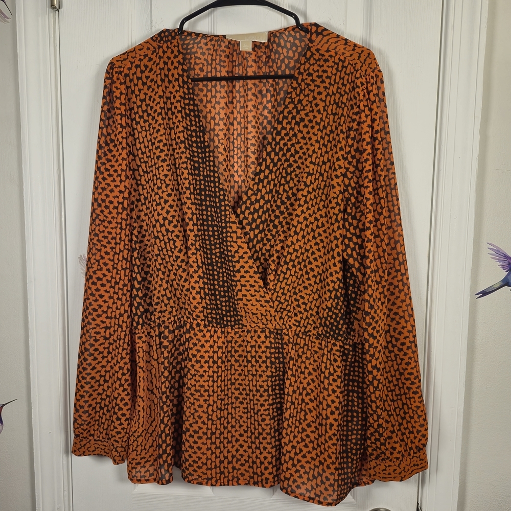 Michael Kors XL Orange & Black Animal Print Faux-Wrap Peplum Blouse